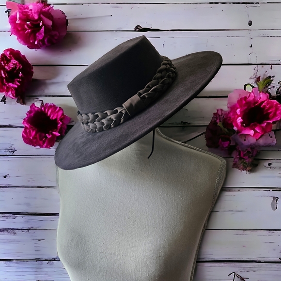 Chocolate Boho Chic Suede Hat with braided trim - Picture 5 of 6